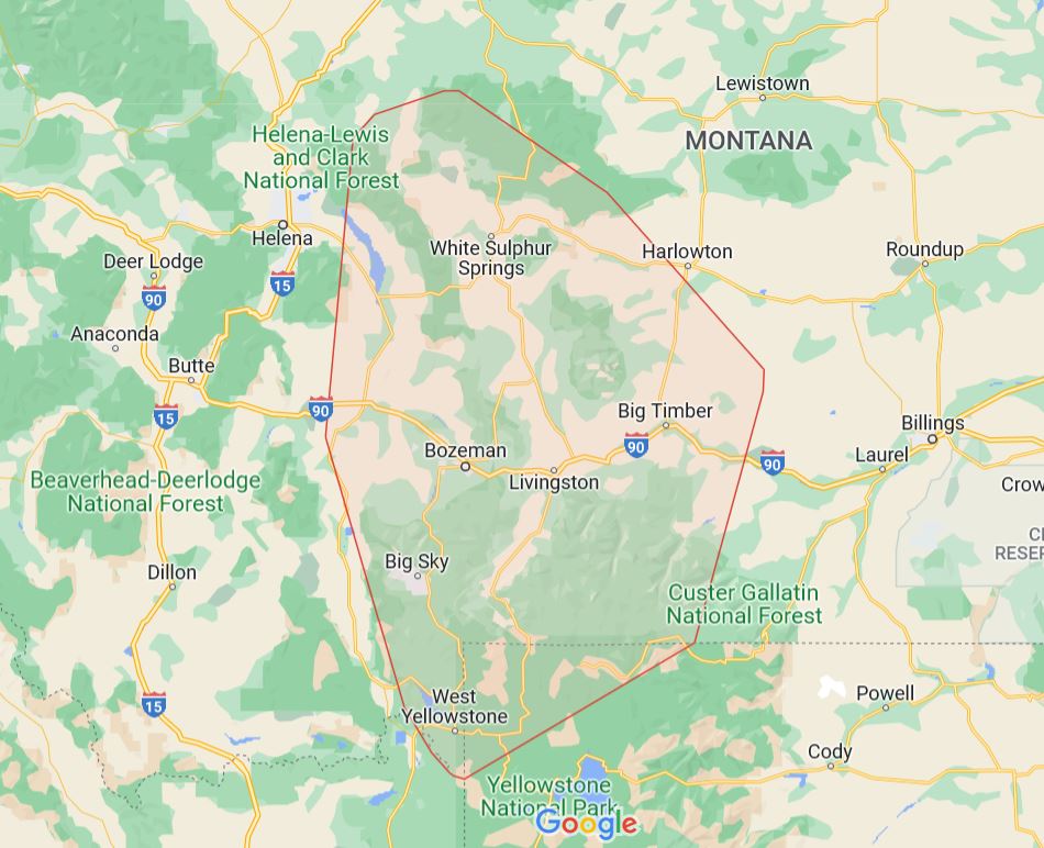 Service areas for Mr. B's carpet cleaning, encompassing southwest Montana.